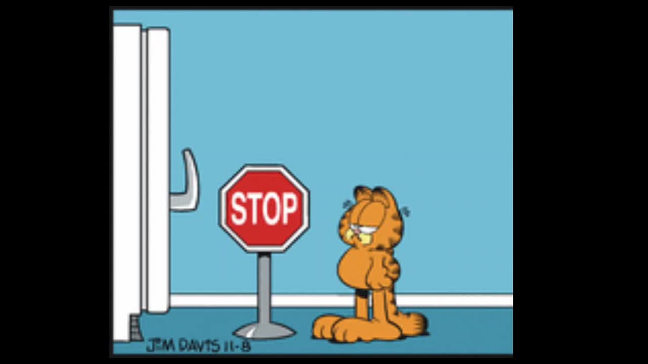 Garfield replaces a STOP sign with a YIELD sign to the fridge with Music added